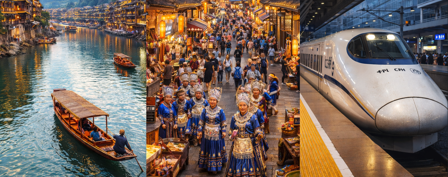 鳳凰【沱江泛舟、最湘西民俗一條街(體驗打棒槌酥)】🚅（搭乘高鐵）長沙【黃興路步行街(3D裸眼大螢幕)】