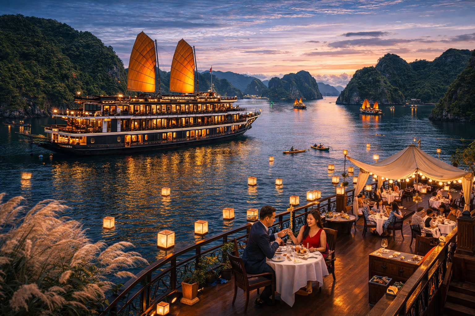 河內～五星輕奢華郵輪、吉婆島國家公園(中庄鐘乳石洞秘境探索)、越式春捲手作、夜宴蘭夏灣（燭光晚餐）、夜釣墨魚～宿頂級遊輪