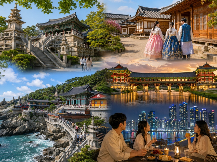 世界文化遺產～佛國寺→校洞崔氏古宅→著(韓服)穿越古今探索歷史遺址～月精橋→海東龍宮寺→The Bay 101欣賞釜山絕美夜景(免費提供餅乾及酒水)